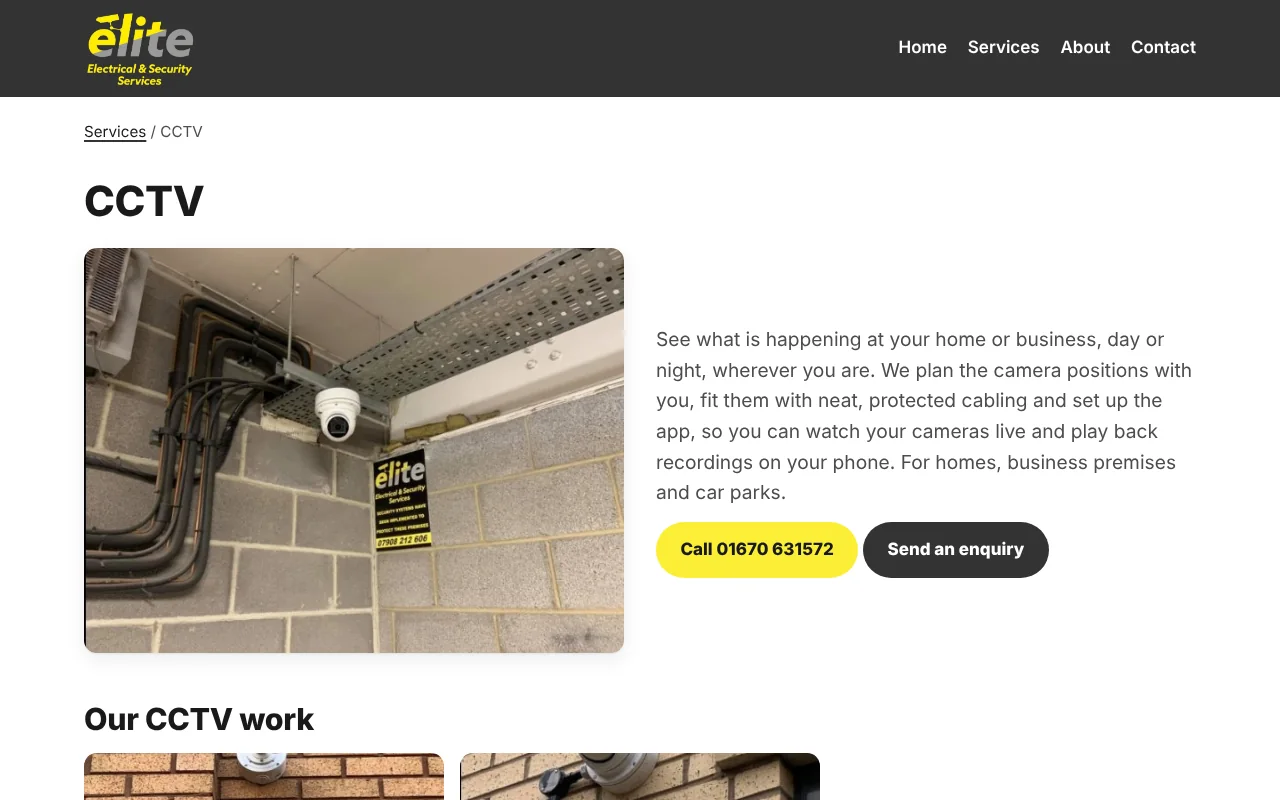 The CCTV page of the Elite website, with a photo of a dome camera and buttons to call or send an enquiry