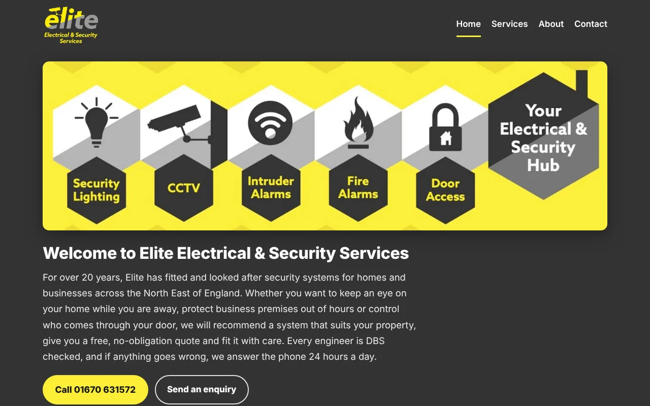The home page of the Elite Electrical and Security Services website on a desktop screen