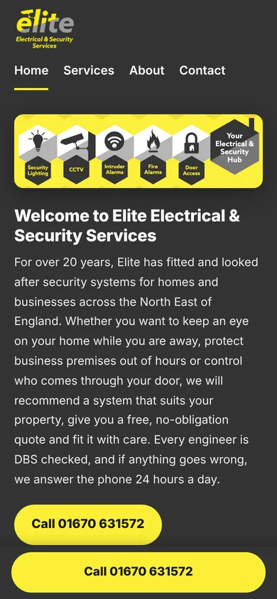 The same home page on a phone, with a call button fixed to the bottom of the screen