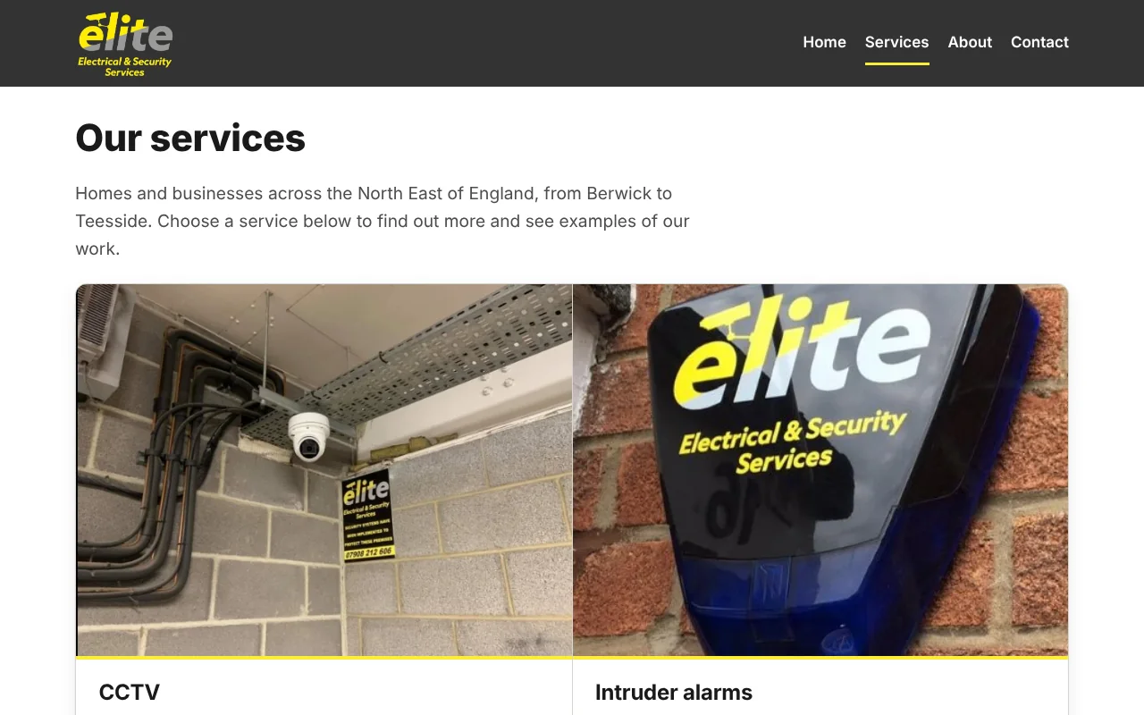 The services page of the Elite Electrical and Security Services website, with photos of a CCTV camera and an alarm bell box